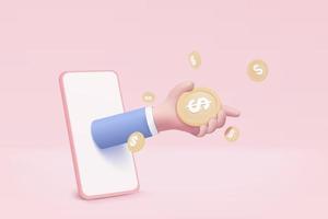 3D geld munt hand houden op smartphone achtergrond. geld aanhouden in zakelijk handconcept, online betaling op mobiel. 3D-vector render concept. financiën, investeringen, geld besparen bij de hand geïsoleerd vector