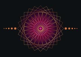 heilige geometrie mandala, paarse bloem gouden meditatieve cirkel pictogram, geometrische logo ontwerp, mystieke religieuze wiel, Indiase chakra concept, vectorillustratie geïsoleerd op zwarte achtergrond