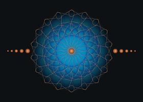heilige geometrie mandala, blauwe bloem gouden meditatieve cirkel pictogram, geometrische logo ontwerp, mystieke religieuze wiel, Indiase chakra concept, vectorillustratie geïsoleerd op zwarte achtergrond vector