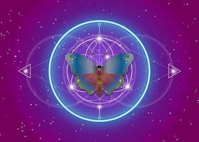 vlinder over mandala, heilige geometrie, logo symbool van harmonie en balans, gloeiend psychedelisch neon. kleurrijk geometrisch ornament, yoga ontspannen, spiritualiteit, vector paarse gradiëntachtergrond