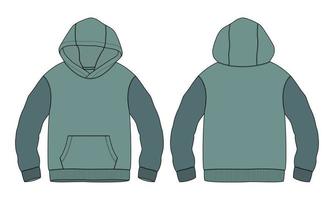 two tone groene kleur lange mouw hoodie technische mode platte schets vector illustratie sjabloon voor- en achterkant uitzicht geïsoleerd op een witte achtergrond.