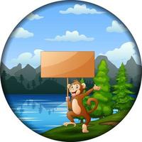 schattige aap met houten bord aan het meer in rond frame vector