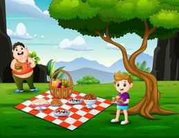 tekenfilm van twee jongens die samen picknicken met eten vector
