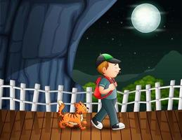 illustratie van een jongen die met zijn kat in het nachtlandschap loopt