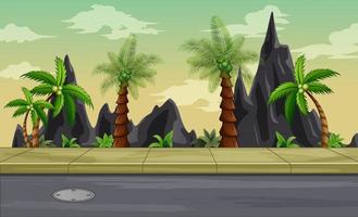 achtergrondscène met rotsen en palmbomen langs de weg vector