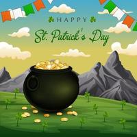 gelukkige st. patrick's day met een zwarte pot vol gouden munten in de natuur vector