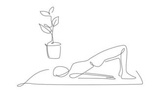 meisje neemt yoga brug pose. vrouw maakt pilates poses thuis. vector één regel illustratie