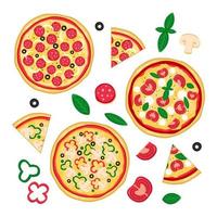 collectie van verse pizza met plakjes en ingrediënten. vector geïsoleerde set op witte achtergrond.