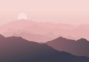 mooie blauwe berglandschap silhouet met mist en zonsopgang en zonsondergang op bergen achtergrond. buiten- en wandelconcept. zon aan de hemel. vector. goed voor behang, sitebanner, omslag, poster