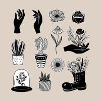 vector hand getekende cartoon tuinieren set. zwarte potplanten, vetplanten, bloemen en magische handen.