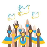 multiculturele handen in de lucht met Oekraïense vlag en harten. steun Oekraïne concept. platte vectorillustratie geïsoleerd op een witte achtergrond. vector