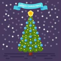 versierde kerstboom met ster, verlichting, decoratieballen. prettige kerstdagen en gelukkig nieuwjaar concept. vector ontwerp