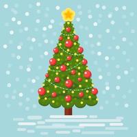 versierde kerstboom met ster, verlichting, decoratieballen. prettige kerstdagen en gelukkig nieuwjaar concept. vector ontwerp