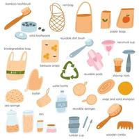 set van afvalvrije recyclebare en herbruikbare producten in platte cartoonstijl. vectorillustratie van groene, eco-vriendelijke objecten en accessoires voor thuis, zelfzorg, persoonlijke hygiëne, winkelen. vector