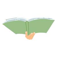 handen met boek in cartoon vlakke stijl. concept van wereldboekendag, studeren, leren. vectorillustratie van open woordenboek, encyclopedieën, planner vector