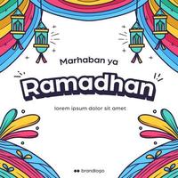 kleurrijke ramadhan groet poster, handgetekende marhaban ya ramadhan met lantaarn poster groet illustratie vector