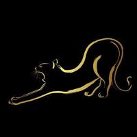 luie kat die zich uitstrekt en wakker wordt, gouden penseelstreek schilderen op zwarte achtergrond vector