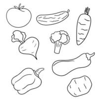 zwart-wit afbeelding. een verzameling groenten, kleurrijke afbeeldingen met een zwarte omtrek, kleurpagina's, minimalistische afbeeldingen voor het versieren van groenten en pakketten vector
