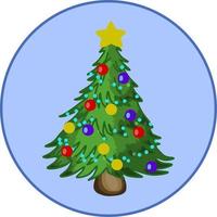 vectorillustratie, elegante cartoon groene kerstboom, versierd met ronde veelkleurige ballen, op een ronde blauwe achtergrond, ontwerpelement, badge, embleem vector