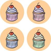 een set cupcakes met een grote crèmekleurige dop en een kers in kleurrijke kopjes. vectorillustratie voor ansichtkaarten, pictogrammen en stickers op een lichtoranje achtergrond vector