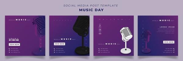 set van social media postsjabloon in vierkante paarse achtergrond met microfoon voor muziekdagontwerp vector