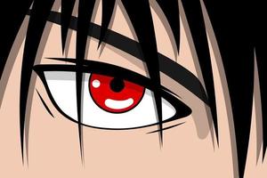anime mooie jongensgezicht met rode ogen en zwart haar. manga held kunst achtergrond concept. vector cartoon blik eps illustratie