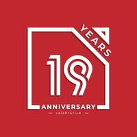 19 jaar verjaardag viering logo stijl ontwerp met gekoppelde nummer in vierkant geïsoleerd op rode achtergrond. de gelukkige verjaardagsgroet viert de illustratie van het gebeurtenisontwerp vector