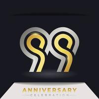 99-jarig jubileumfeest met gekoppelde meerdere lijn gouden en zilveren kleur voor feestgebeurtenis, bruiloft, wenskaart en uitnodiging geïsoleerd op donkere achtergrond vector