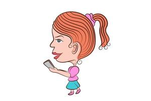 stripfiguur illustratie vrouw met telefoon op witte achtergrond geïsoleerd, sociale media, communicatietechnologie