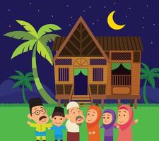 cartoon platte ontwerp moslim familie in Maleis dorp met kokospalm nachtleven scène achtergrond vector