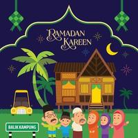 eid al fitr ramadan kareem viering. platte cartoon moslimfamilie in traditioneel dorpshuis met islamitische decoratieve patroonillustratie vector