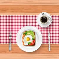 ontbijtmenu met gebakken ei, toast en kopje zwarte koffie op houten tafel vector