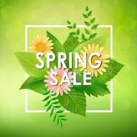 lente verkoop achtergrond banner met mooie kleurrijke bloem en groene bladeren vector