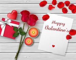 gelukkige valentijnsdag groet banner. bovenaanzicht op romantisch met geschenkdoos en rood hart. mooie achtergrond met roze bloem en kaarsen op houten structuur vector