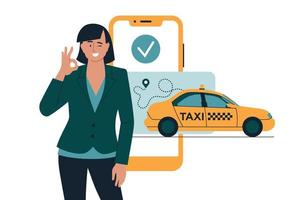 taxi. gele auto en mobiele telefoon. een vrouw in een jasje toont een klasse handgebaar. concept. vector afbeelding.