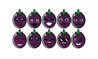 schattige lachende grappige aubergine groente set collection.vector platte cartoon gezicht karakter mascotte illustratie .isolated op witte achtergrond vector