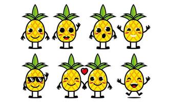 schattige lachende grappige ananas set collection.vector platte cartoon gezicht karakter mascotte illustratie .isolated op witte achtergrond vector