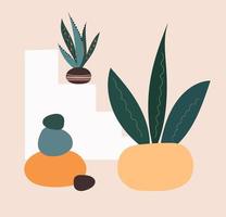 trendy interieur met planten. home plant boho kleuren en getekende cartoon vector design