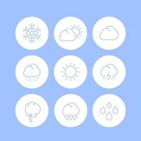weerlijnpictogrammen, zonnige, bewolkte dag, regen, sneeuwvlok, hagel, wind, zon, sneeuw ronde geïsoleerde pictogrammen, vectorillustratie vector