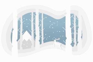 eenvoudige papierkunst van het winterseizoenlandschap en kerstconcept met herten die op de achtergrond van het bos lopen. vector