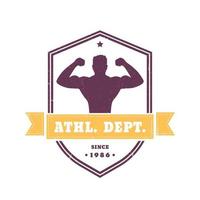 fitness, sportschool vintage logo, embleem, badge met poseren atleet op schild, geïsoleerd op wit, vectorillustratie vector