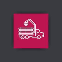 expediteur lijn pictogram, vrachtwagen, bosbouw voertuig, logger teken, logging vrachtwagen vierkant pictogram, vectorillustratie vector