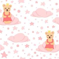 schattige beer kleine baby prinses zittend op wolk roze naadloze patroon sjabloon. platte cartoon vector stof afdrukken. hemel, magie, droom. kinderkamer ontwerp voor meisjes.