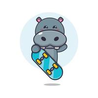 schattig nijlpaard mascotte stripfiguur met skateboard vector