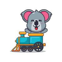 schattige koala mascotte stripfiguur ritje op de trein vector