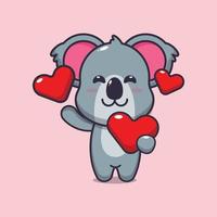 schattig koala stripfiguur met liefdeshart op Valentijnsdag vector