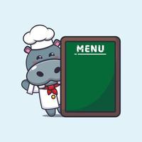 schattig nijlpaard chef-kok mascotte stripfiguur met menubord vector