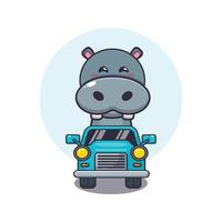 schattig nijlpaard mascotte stripfiguur ritje op auto vector