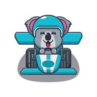 schattig koala mascotte stripfiguur rijden raceauto vector