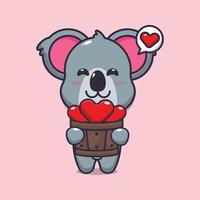 schattig koala stripfiguur met liefde in houten emmer vector